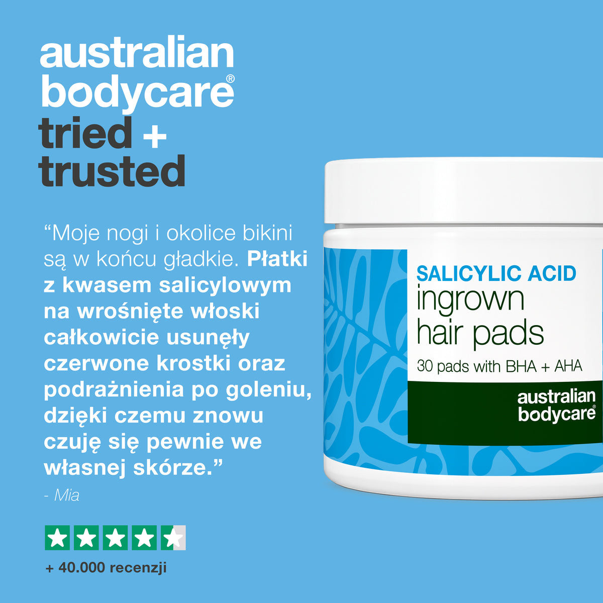 Opinia klienta o płatkach z kwasem salicylowym Australian Bodycare na wrastające włoski, pokazana z oceną czterech i pół gwiazdki oraz ponad 40 000 opinii.