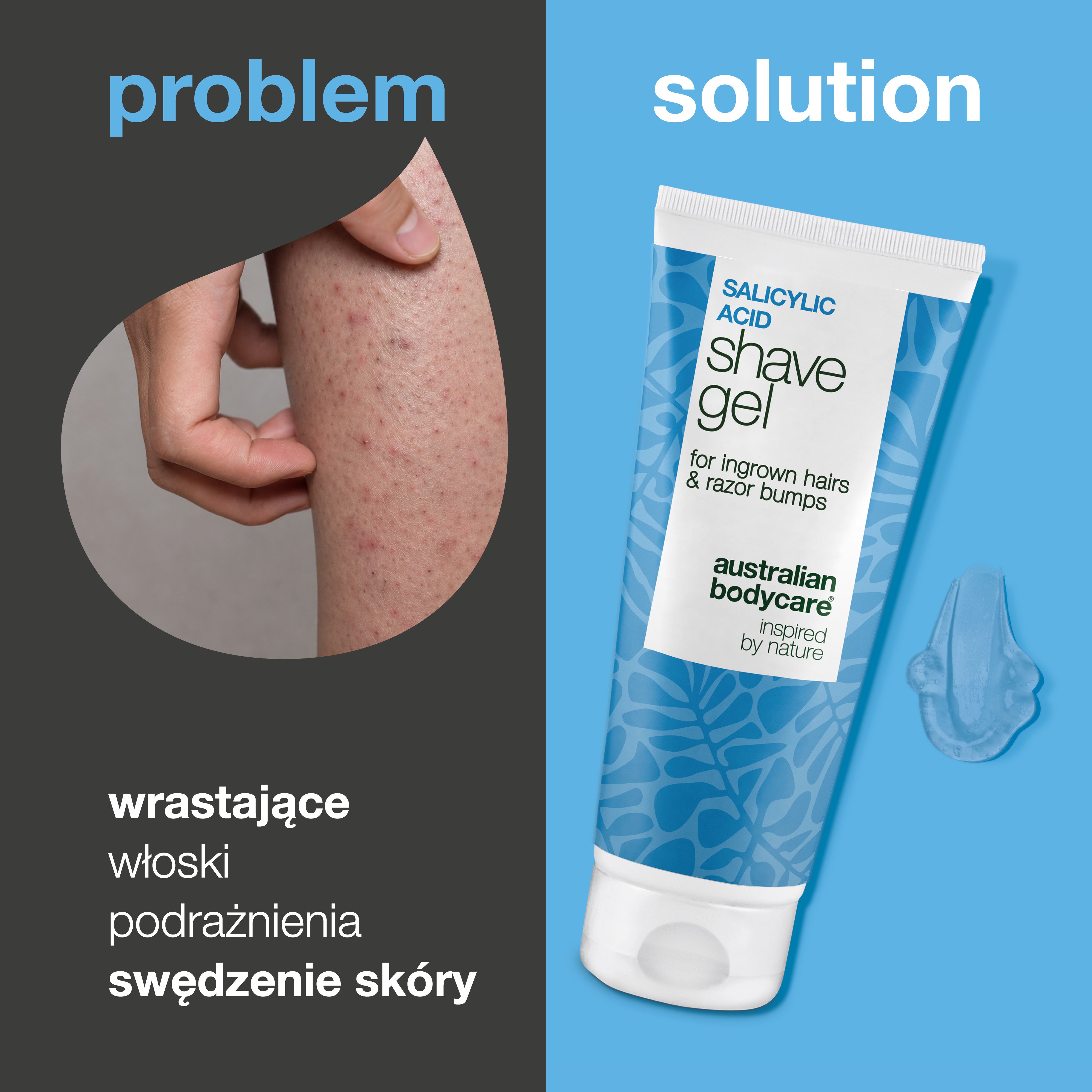 Żel do golenia z kwasem salicylowym – Na wrastające włoski — Żel do golenia z kwasem salicylowym na wrastające włoski. Zawiera glicerynę i pantenol, zapewniając golenie bez podrażnień i krostek.