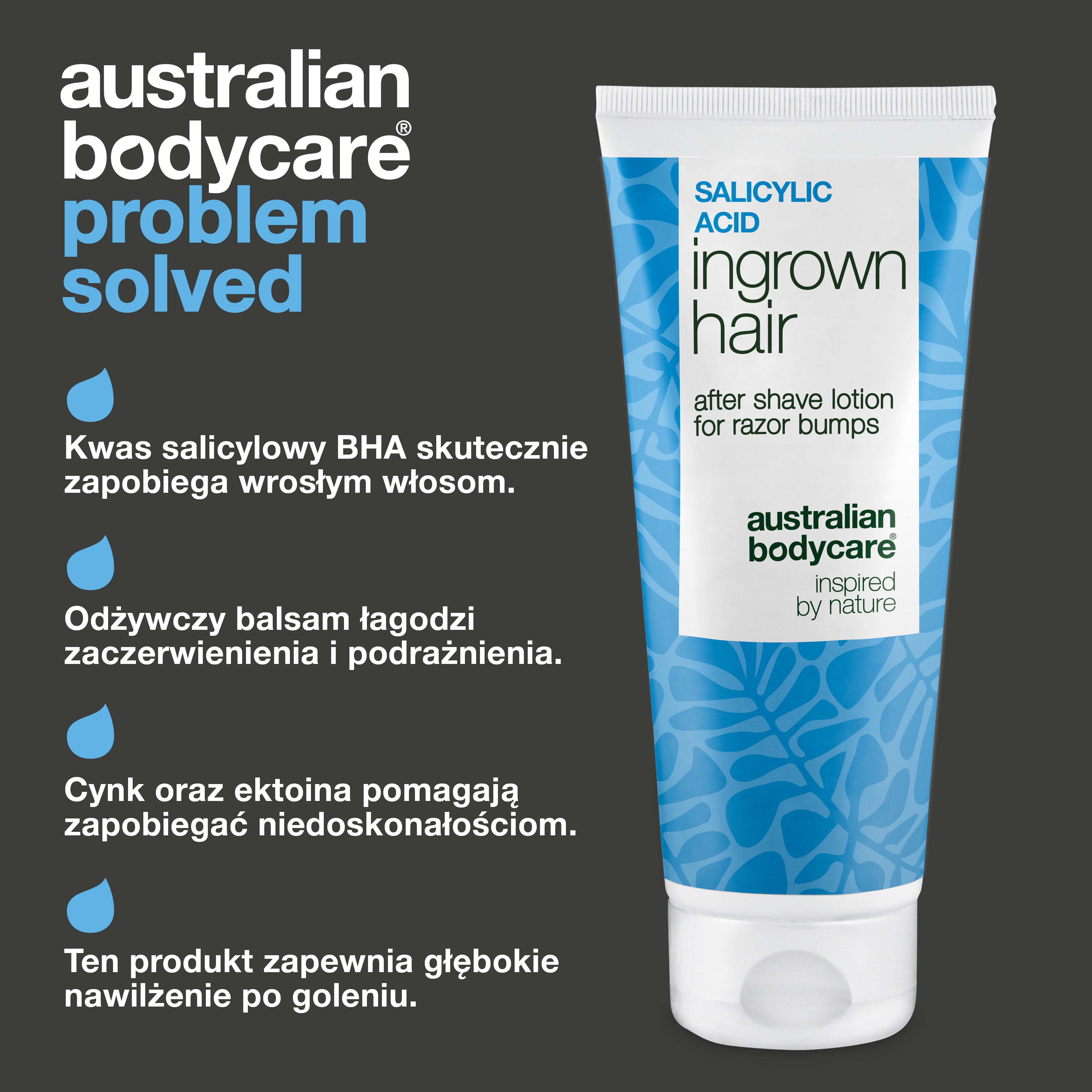 Australian Bodycare Balsam po goleniu z kwasem salicylowym na wrastające włoski, czerwone krostki, niedoskonałości i podrażnienia. Formuła z kwasem salicylowym BHA, cynkiem i ektoiną zapewnia jednocześnie intensywne nawilżenie skóry po goleniu.