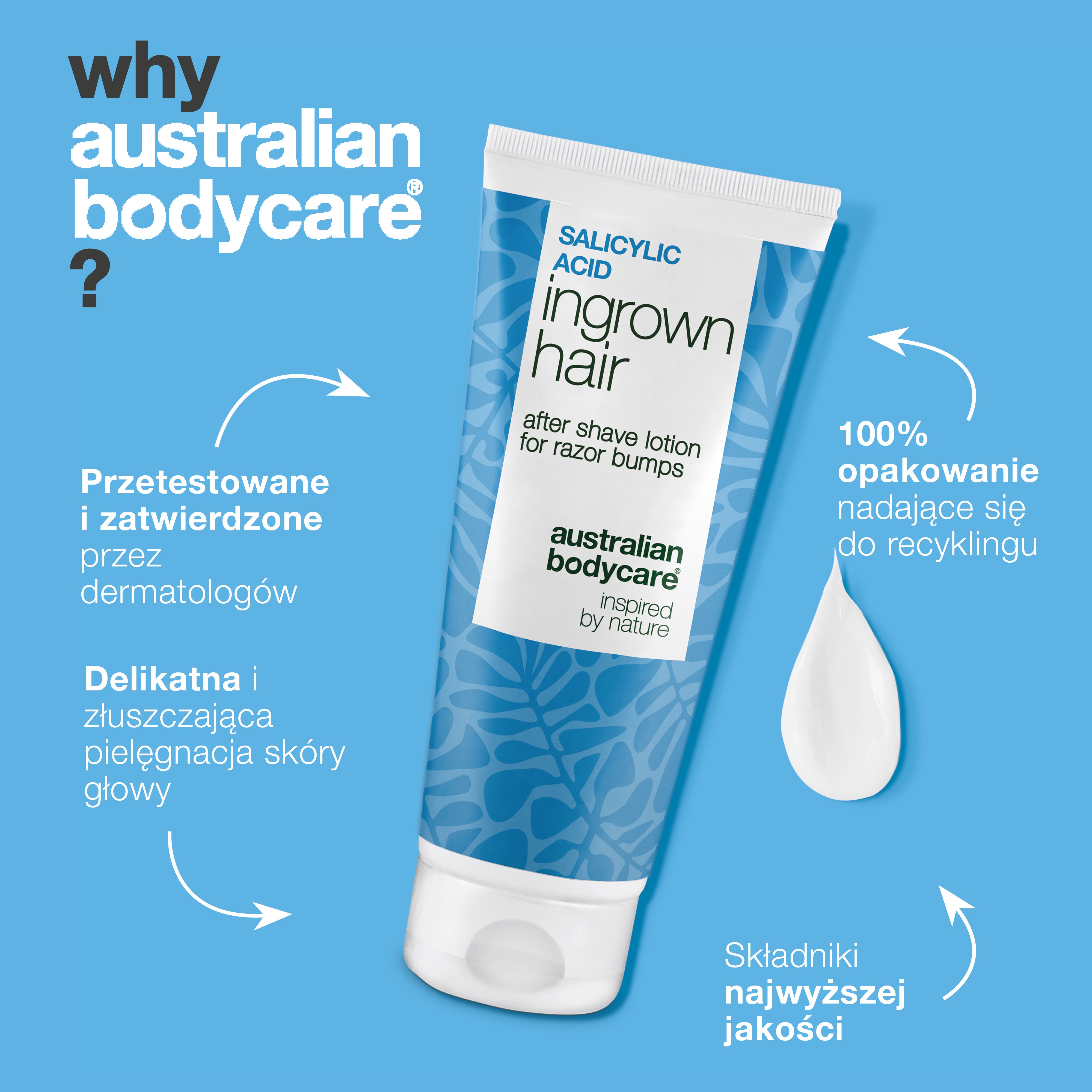 Australian Bodycare Balsam po goleniu z kwasem salicylowym w opakowaniu nadającym się do recyklingu. Dermatologicznie testowana, delikatna i skuteczna pielęgnacja ciała z wysokiej jakości składnikami.