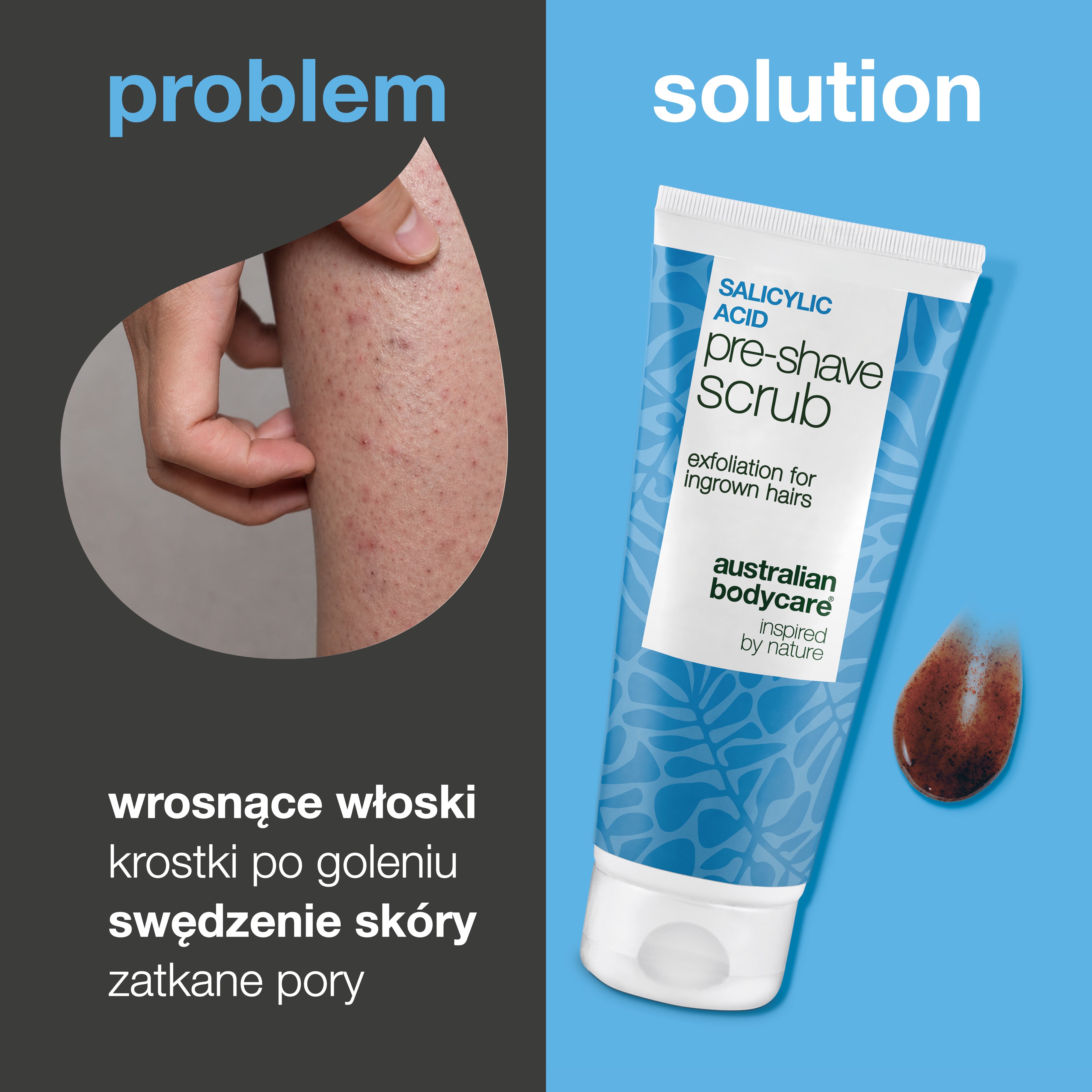Peeling z kwasem salicylowym na wrastające włoski — Peeling przed goleniem z kwasem salicylowym na wrastające włoski i krostki. Gładkie golenie bez swędzenia. Zawiera kwas salicylowy i AHA.