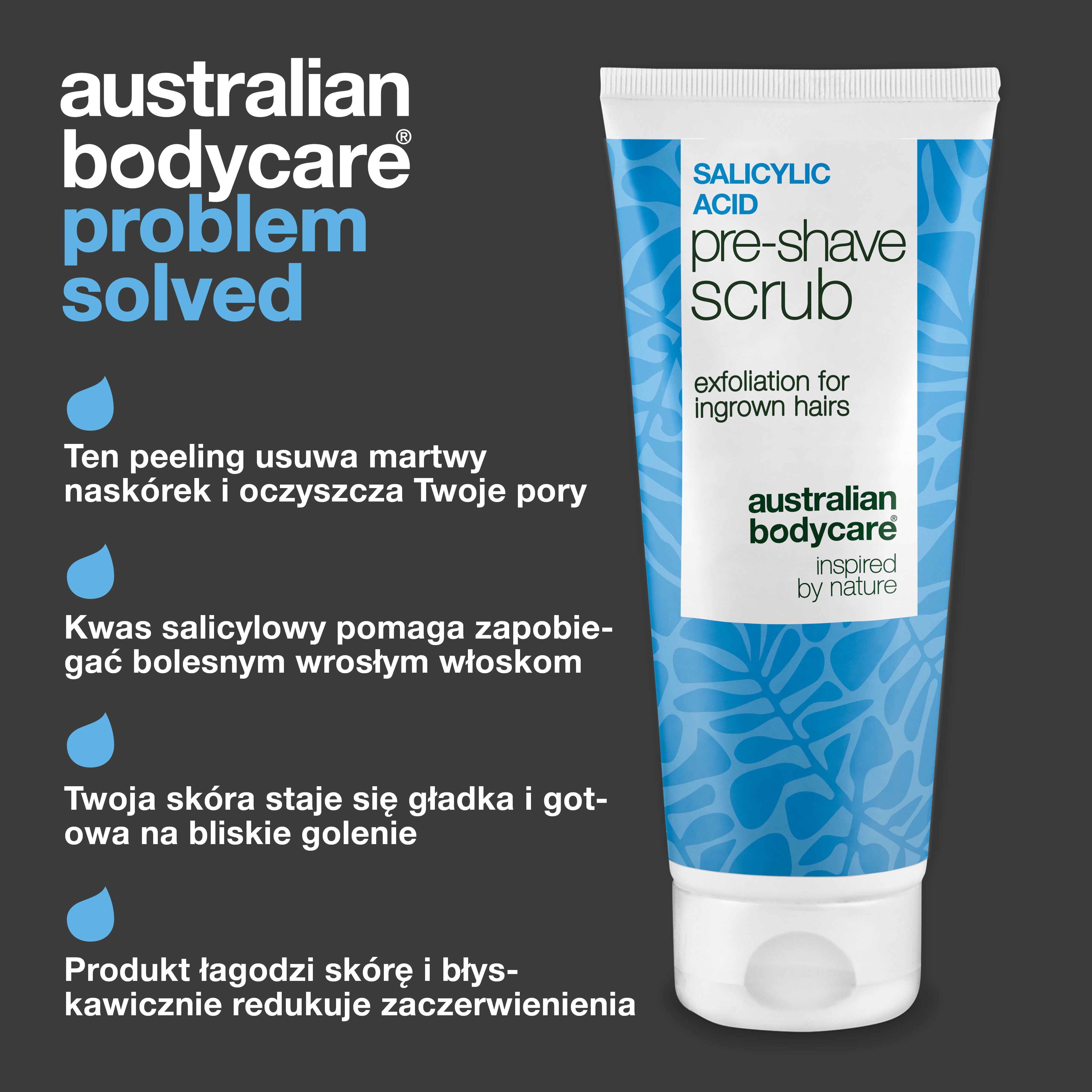 Peeling z kwasem salicylowym na wrastające włoski — Peeling przed goleniem z kwasem salicylowym na wrastające włoski i krostki. Gładkie golenie bez swędzenia. Zawiera kwas salicylowy i AHA.