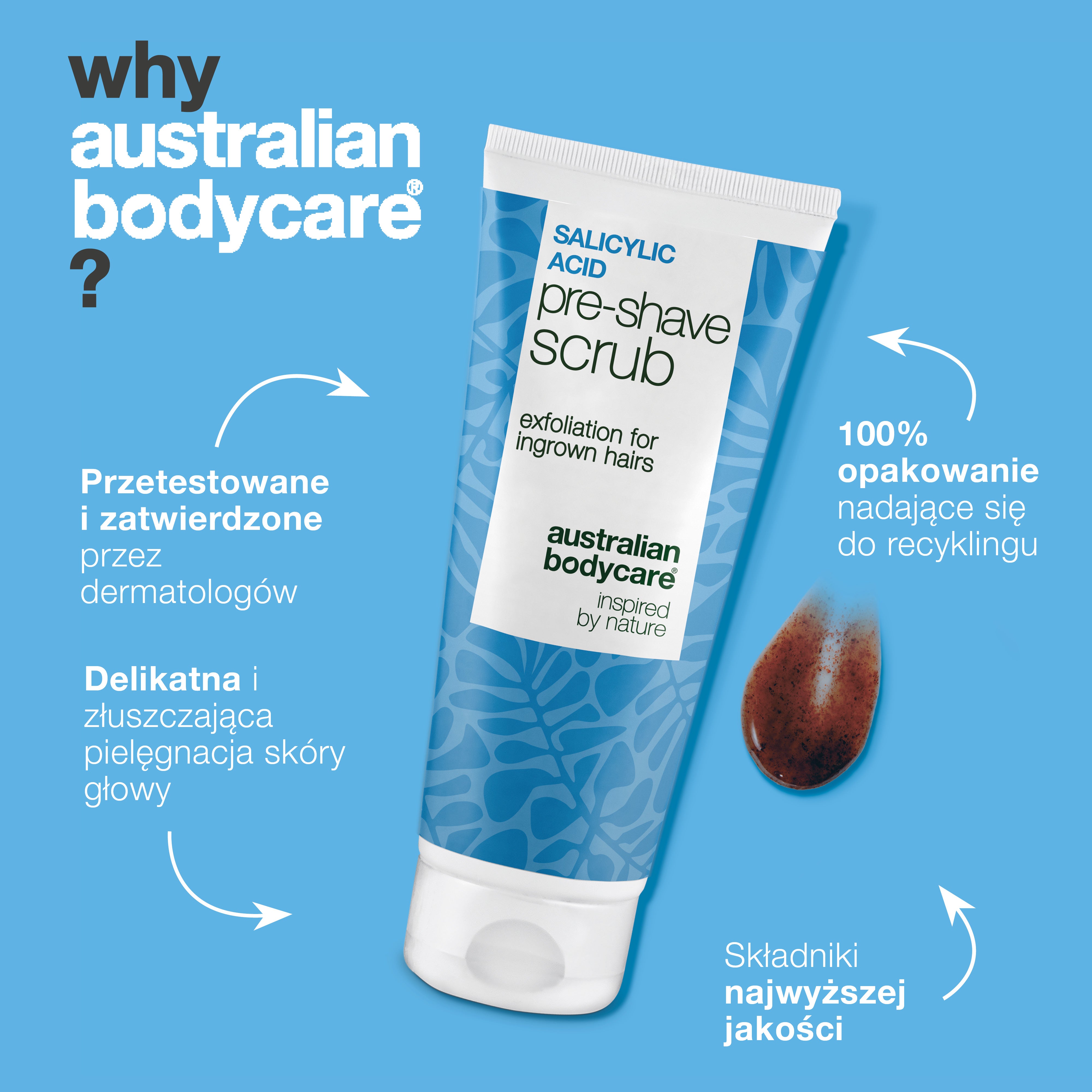 Peeling z kwasem salicylowym na wrastające włoski — Peeling przed goleniem z kwasem salicylowym na wrastające włoski i krostki. Gładkie golenie bez swędzenia. Zawiera kwas salicylowy i AHA.