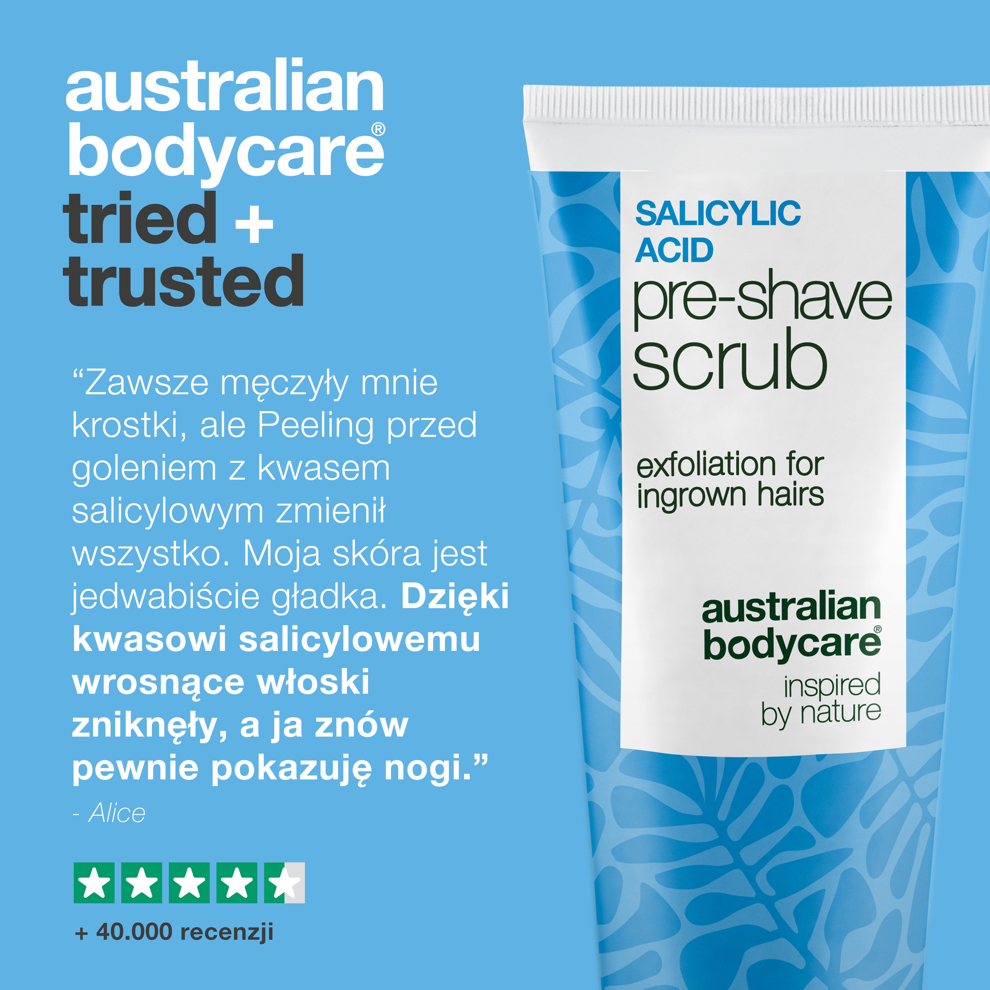 Peeling z kwasem salicylowym na wrastające włoski — Peeling przed goleniem z kwasem salicylowym na wrastające włoski i krostki. Gładkie golenie bez swędzenia. Zawiera kwas salicylowy i AHA.