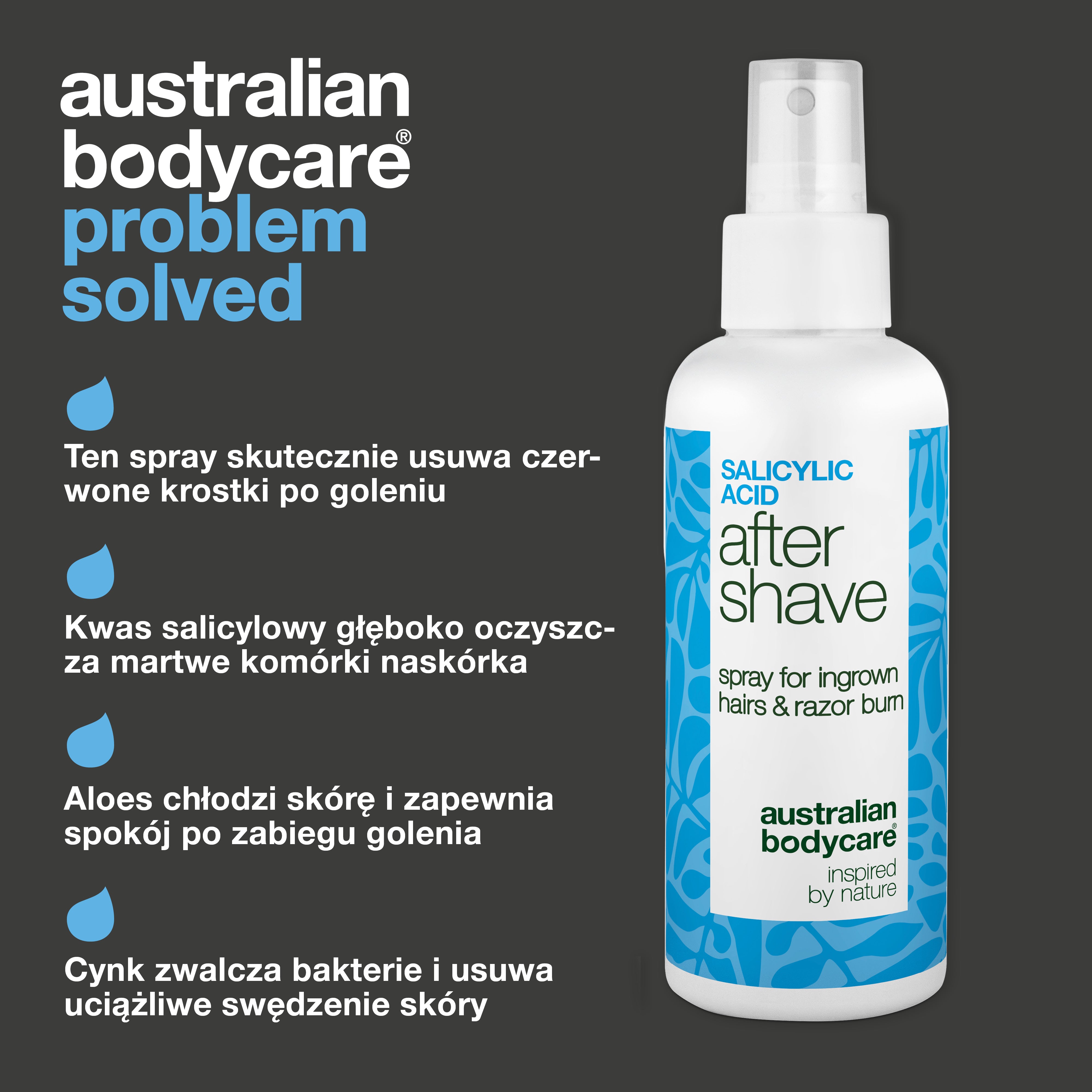 Spray po goleniu z kwasem salicylowym na krostki — Spray po goleniu na krostki i wrastające włoski. Kwas salicylowy i aloes koją swędzenie, zapewniając gładką skórę. Sprawdź teraz!