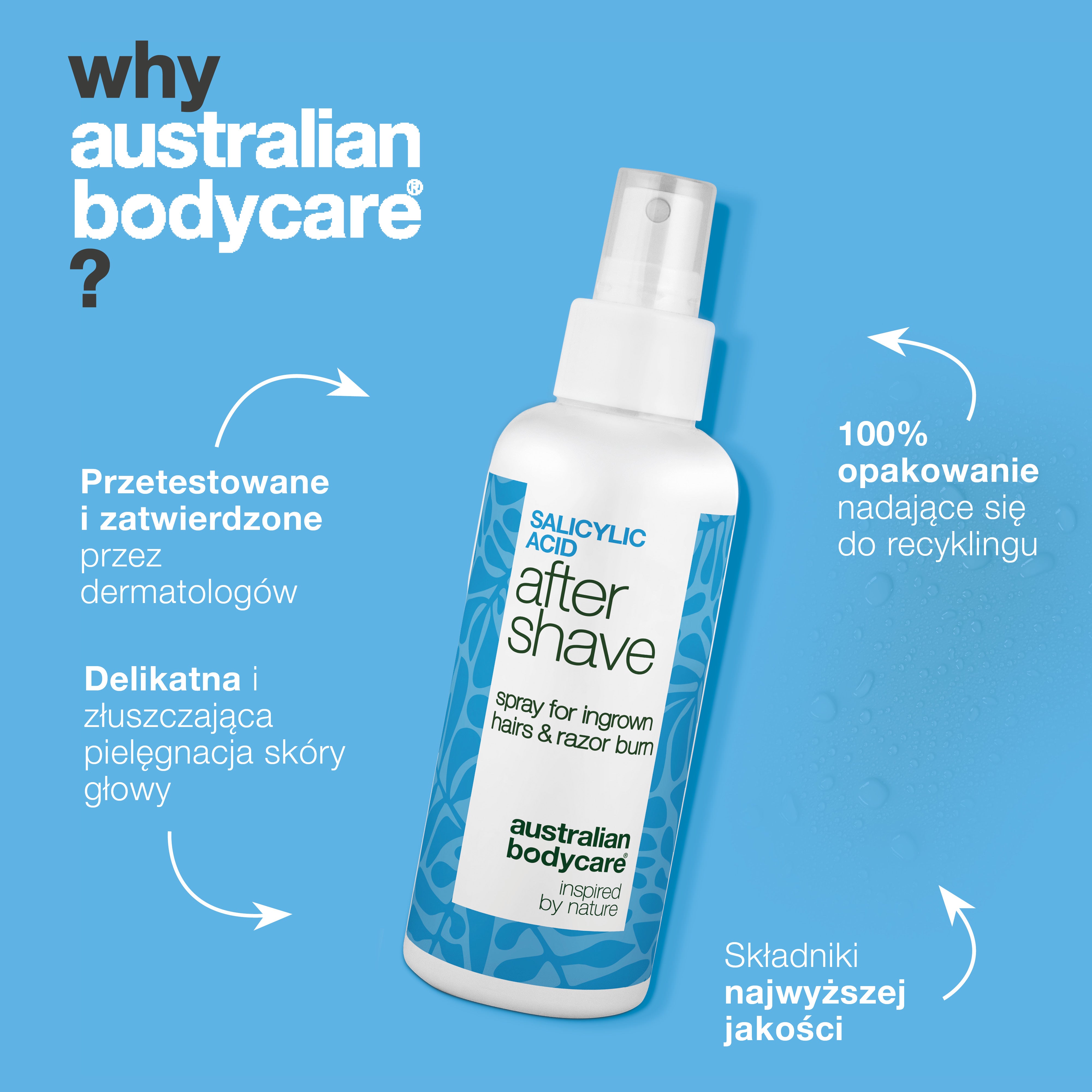 Spray po goleniu z kwasem salicylowym na krostki — Spray po goleniu na krostki i wrastające włoski. Kwas salicylowy i aloes koją swędzenie, zapewniając gładką skórę. Sprawdź teraz!