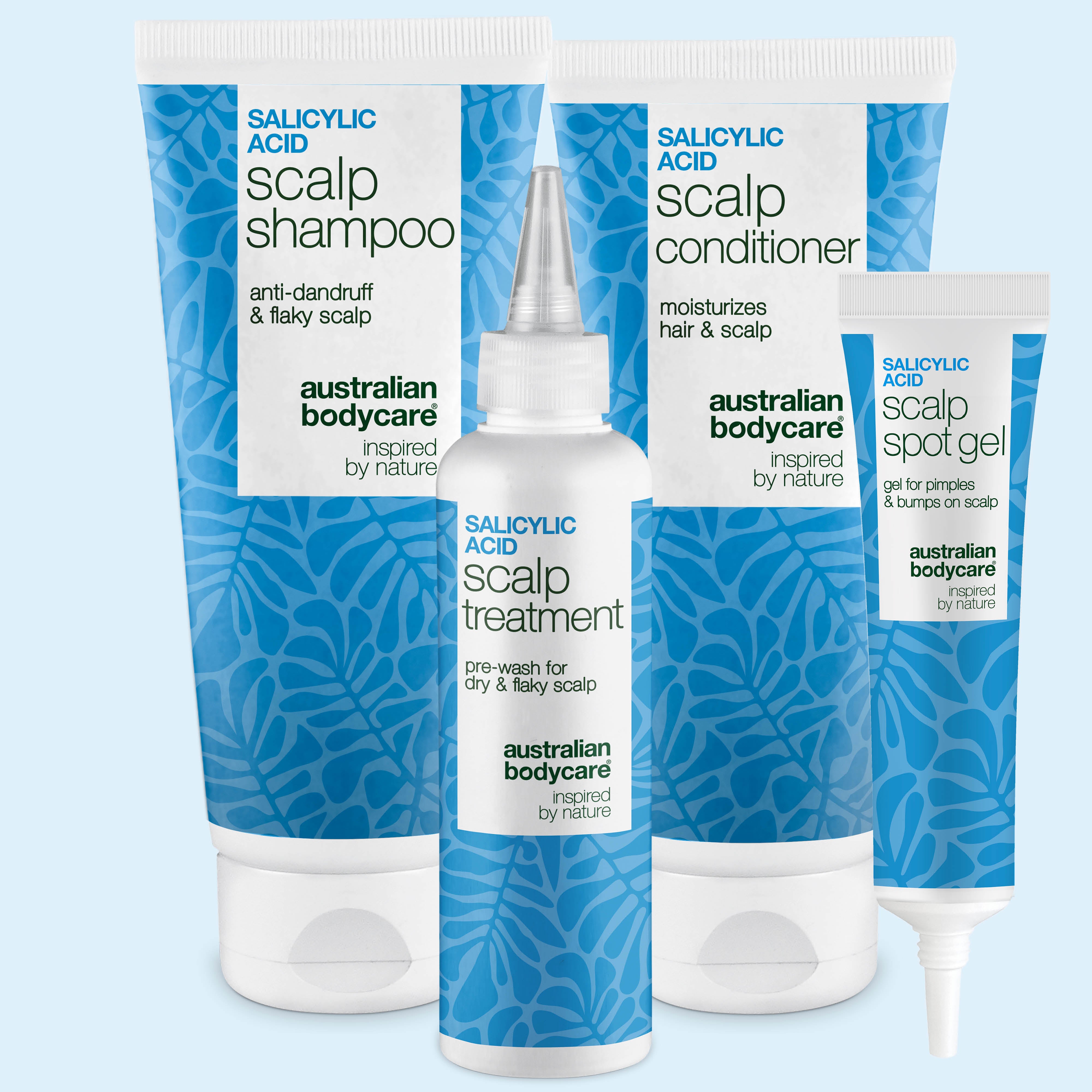 Zestaw z kwasem salicylowym do skóry głowy: szampon, odżywka, kuracja i żel na krosty od Australian Bodycare