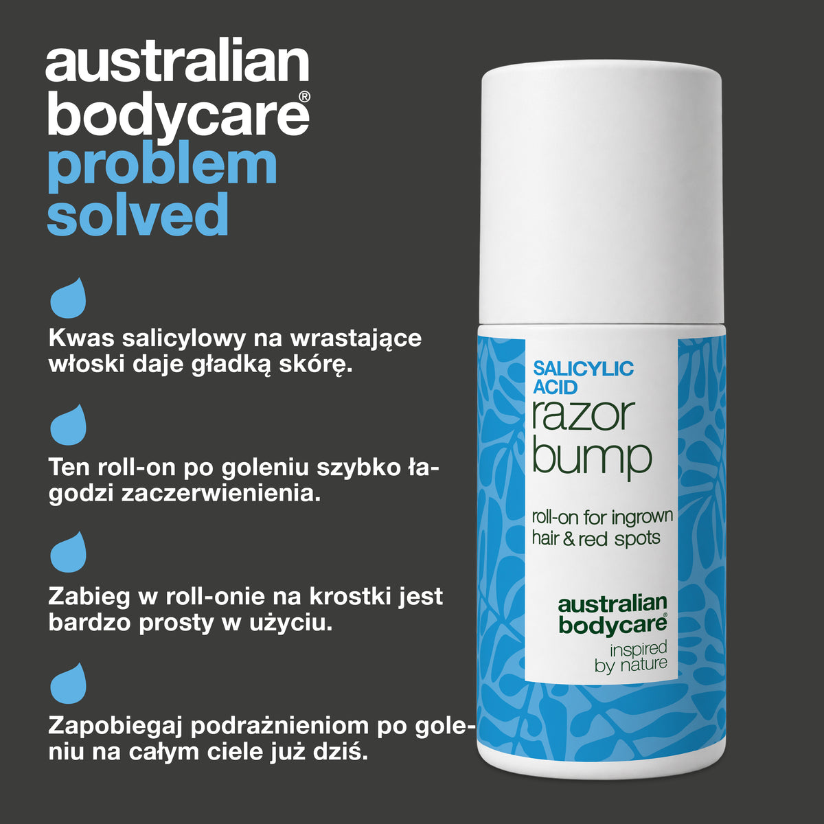 Roll-on Salicylic Acid Razor Bump od Australian Bodycare: kwas salicylowy na wrastające włoski daje gładką skórę, roll-on po goleniu szybko łagodzi zaczerwienienia, zabieg na krostki jest bardzo prosty w użyciu i zapobiega podrażnieniom po goleniu na całym ciele.