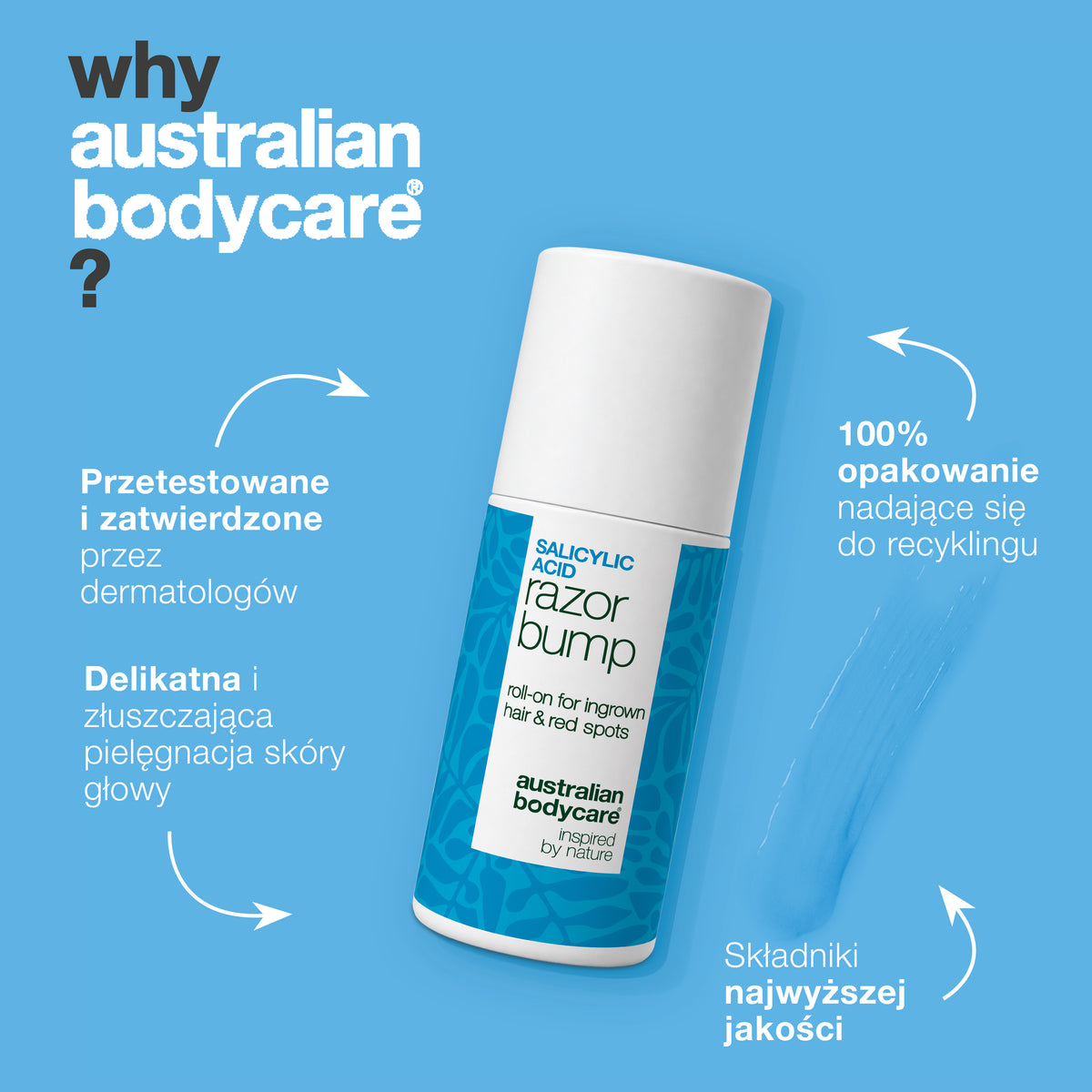 Dlaczego Australian Bodycare: roll-on Salicylic Acid Razor Bump jest przetestowany i zatwierdzony przez dermatologów, to delikatna i złuszczająca pielęgnacja ciała, ze składnikami najwyższej jakości i w opakowaniu nadającym się w 100% do recyklingu.