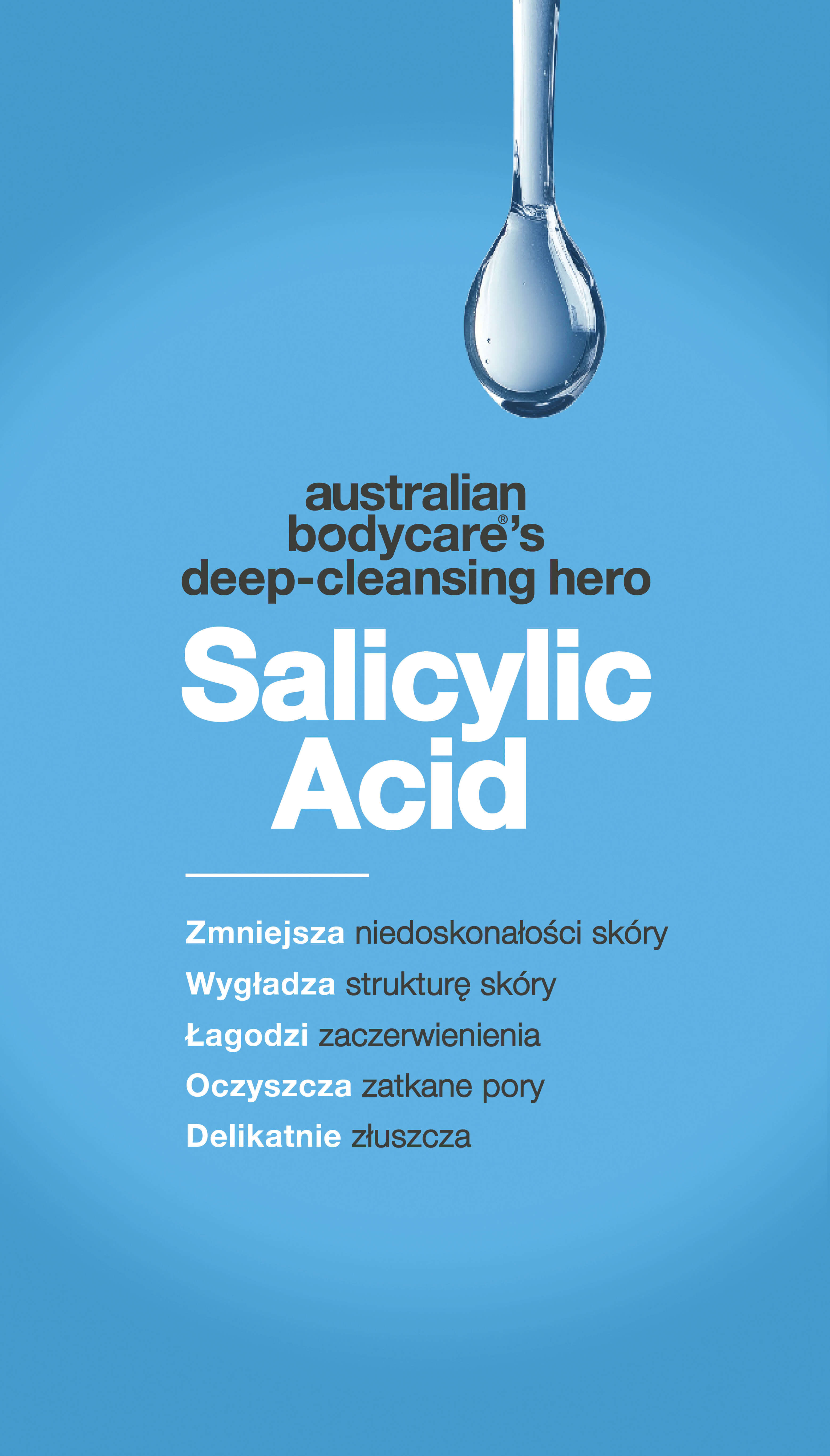 Grafika promocyjna Australian Bodycare z kroplą płynu u góry i tekstem na niebieskim tle. Podkreśla kwas salicylowy jako 'bohatera głębokiego oczyszczania', który odblokowuje pory, redukuje wypryski, delikatnie złuszcza, łagodzi zaczerwienienia i wygładza strukturę skóry.