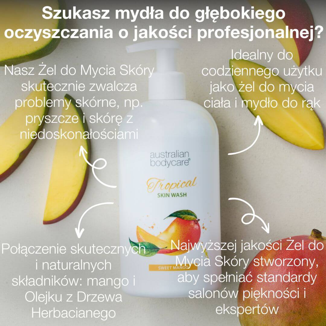 Tropikalny płyn do mycia ciała z mango - Płyn do mycia ciała z Tea Tree olejkiem i mango dla czystej i zdrowej skóry