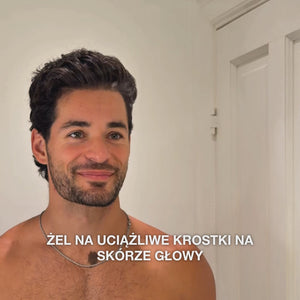 Wideo: mężczyzna uśmiecha się do kamery z napisem „żel na uciążliwe krostki na skórze głowy”. Żel z Kwasem Salicylowym na skórę głowy od Australian Bodycare.