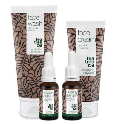 4 pak produktów przeciw starzeniu dla skóry dojrzałej (50+) - Serum przeciw starzeniu, Serum peelingujące, preparat oczyszczający i krem przeciwzmarszczkowy